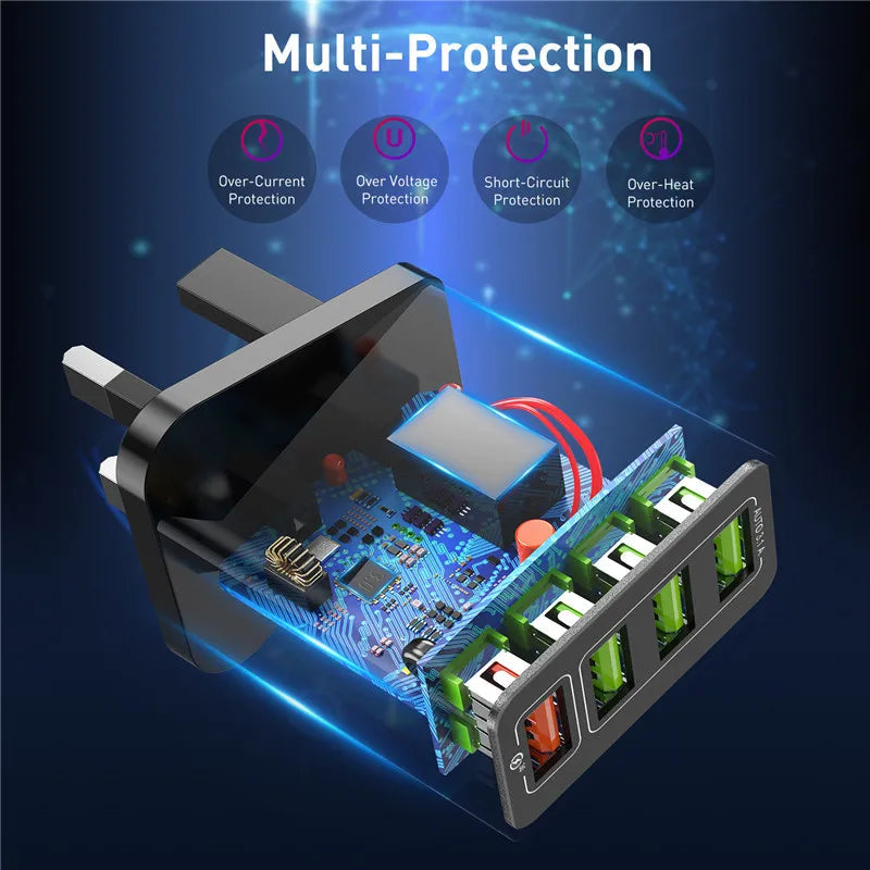 USLION 48W UK USB Charger Quick QC 3.0 4 Port USB Charger ryshop
