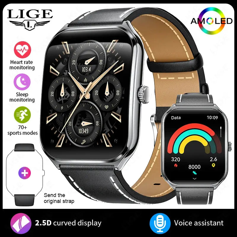 LIGE For HUAWEI Ultra-Thin Smart Watch 1.96" AMOLED Curved Screen Bluetooth Call Heart Rate Blood Pressure Men Women Smartwatch