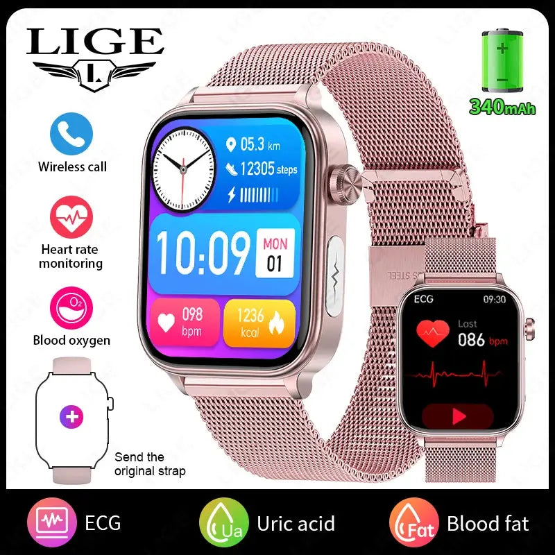 LIGE 2025 New AI Healthy Diagnosis Blood Lipid Uric Acid Blood Pressure Smart Watch Men ECG+PPG Bluetooth Call Health Smartwatch
