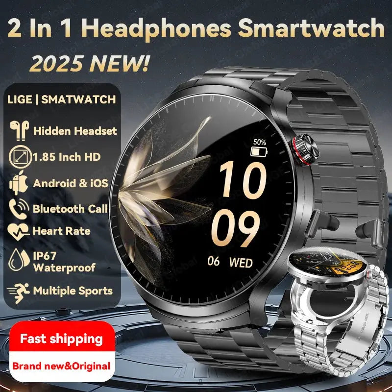 LIGE TWS 2 In 1 Headset Smart Watch 1.85" HD Wireless Bluetooth Calling Health Monitor Sports Fitness Watches With Headphones