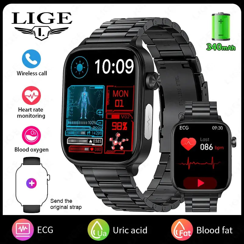 LIGE 2025 New AI Healthy Diagnosis Blood Lipid Uric Acid Blood Pressure Smart Watch Men ECG+PPG Bluetooth Call Health Smartwatch