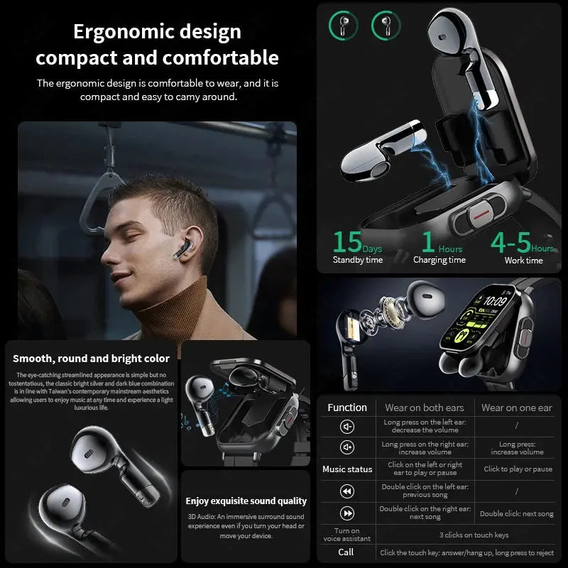 LIGE New 2 In 1 TWS Smart Watch With Earbuds Heart Rate NFC Bluetooth Call Music Play Sports Fitness Earphone Smartwatch Men