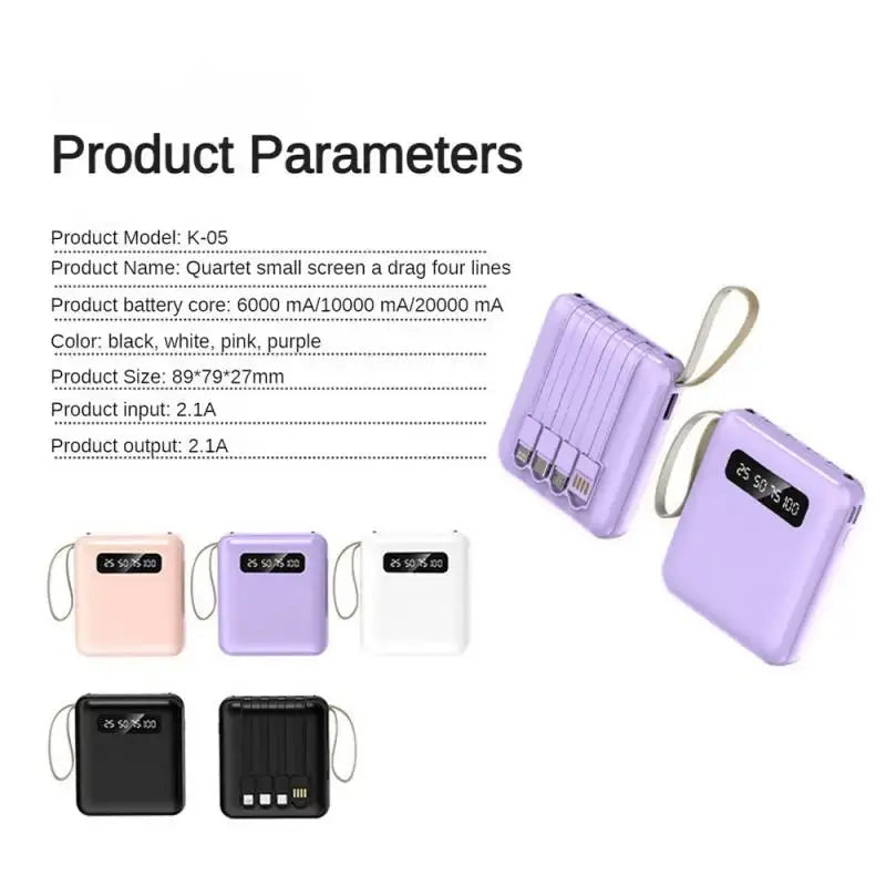 Mirror Screen Mini Fast Charge 20000mAh Power Bank with Built-In Cables ryshop