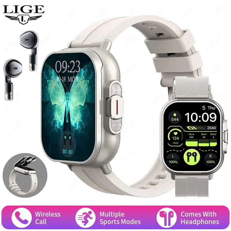 LIGE New 2 In 1 TWS Smart Watch With Earbuds Heart Rate NFC Bluetooth Call Music Play Sports Fitness Earphone Smartwatch Men