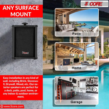 5Core Outdoor Speakers Stereo In Wall 100W Peak Passive Home Audio System ryshop