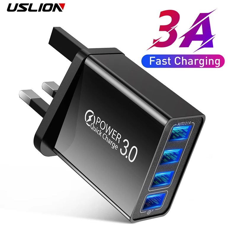 USLION 48W UK USB Charger Quick QC 3.0 4 Port USB Charger ryshop