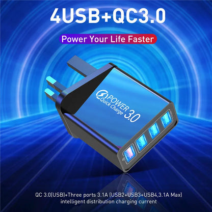 USLION 48W UK USB Charger Quick QC 3.0 4 Port USB Charger ryshop