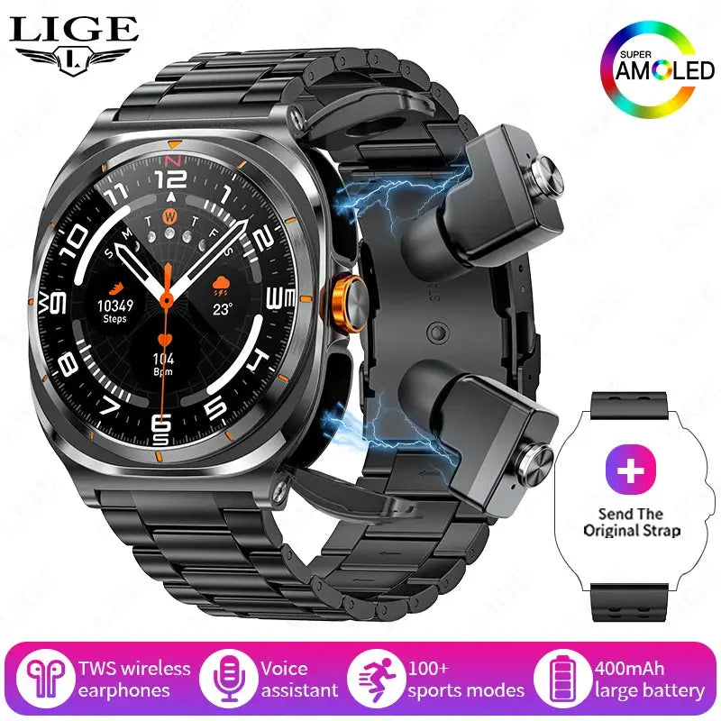 LIGE Headset Smart Watch 2 In 1 TWS Wireless Headphone BT Call Music Smartwatch Health Monitoring 400mAh Waterproof Sports Watch