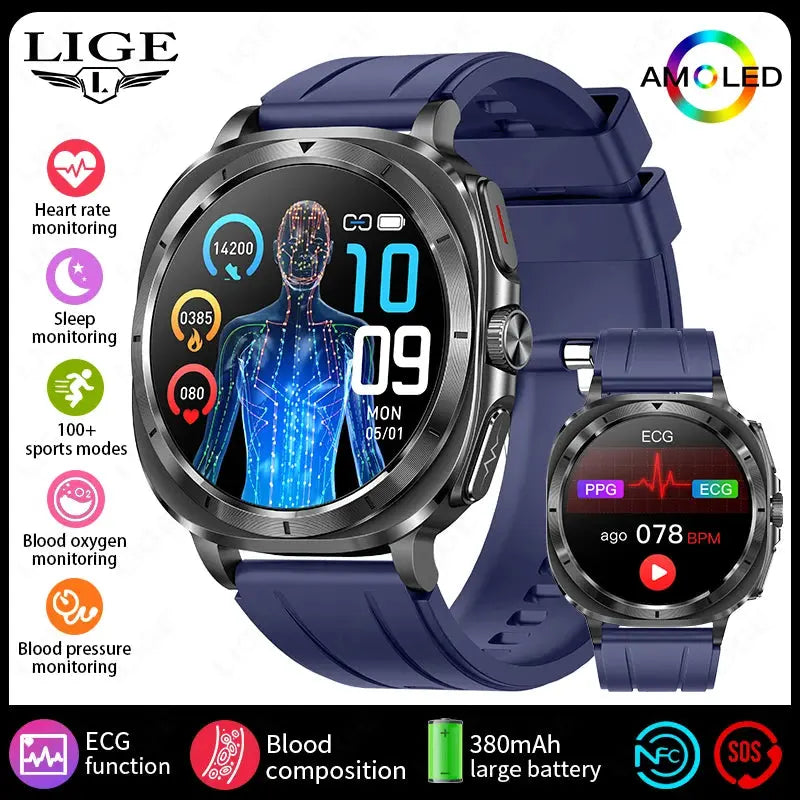 LIGE 2025 New Healthy Blood Fat Uric Acid Smart Watch Men ECG+PPG Micro Physical Examination Body Temperature BT Call Smartwatch