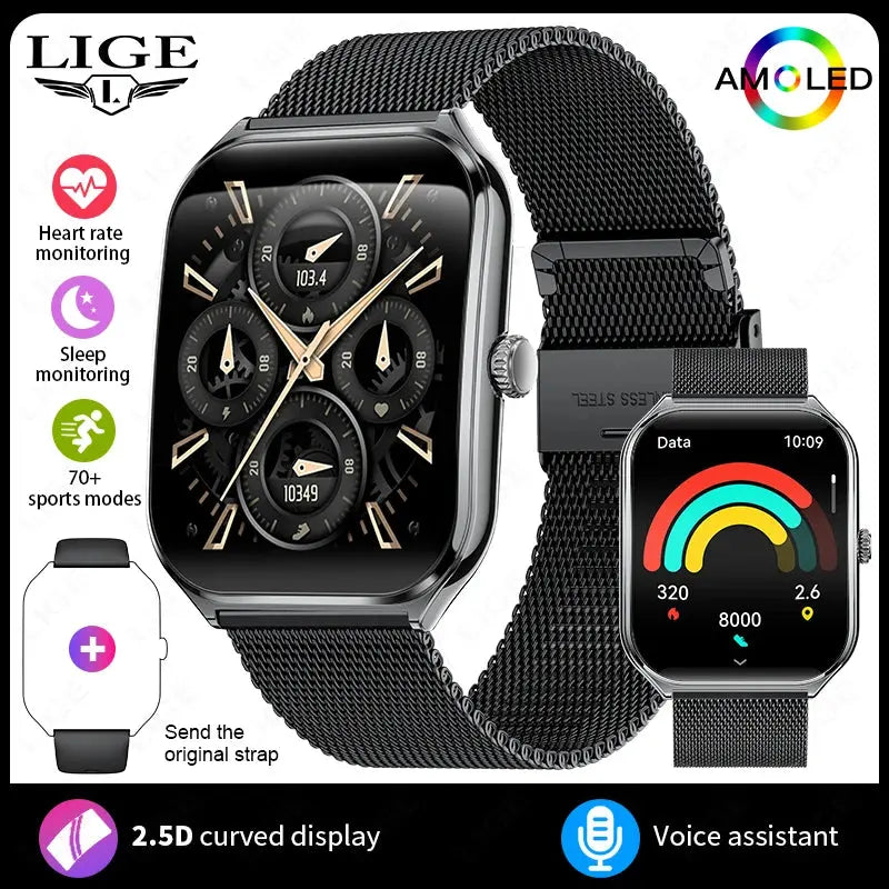 LIGE For HUAWEI Ultra-Thin Smart Watch 1.96" AMOLED Curved Screen Bluetooth Call Heart Rate Blood Pressure Men Women Smartwatch