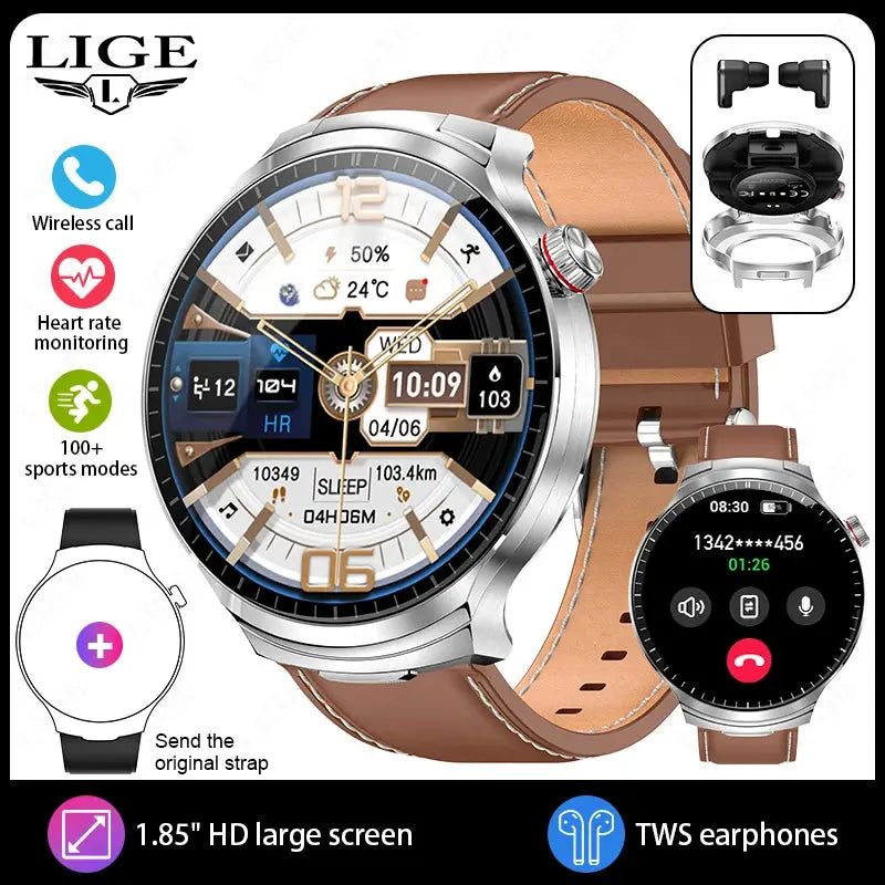 LIGE TWS 2 In 1 Headset Smart Watch 1.85" HD Wireless Bluetooth Calling Health Monitor Sports Fitness Watches With Headphones