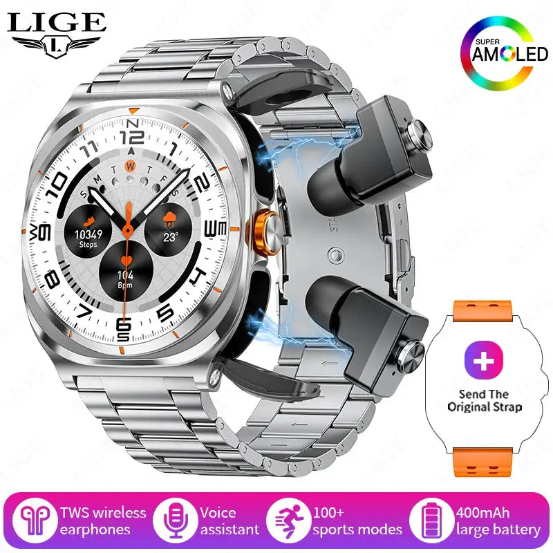 LIGE Headset Smart Watch 2 In 1 TWS Wireless Headphone BT Call Music Smartwatch Health Monitoring 400mAh Waterproof Sports Watch