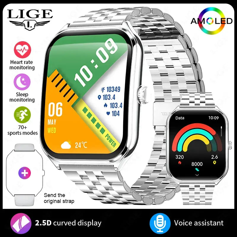 LIGE For HUAWEI Ultra-Thin Smart Watch 1.96" AMOLED Curved Screen Bluetooth Call Heart Rate Blood Pressure Men Women Smartwatch