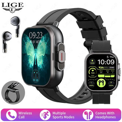 LIGE New 2 In 1 TWS Smart Watch With Earbuds Heart Rate NFC Bluetooth Call Music Play Sports Fitness Earphone Smartwatch Men