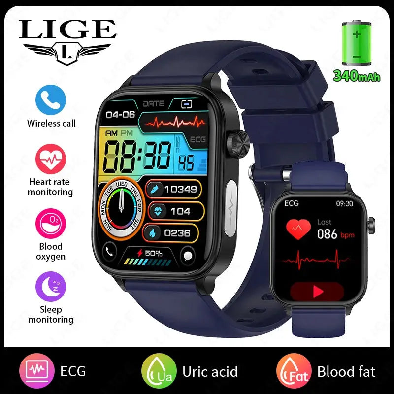 LIGE 2025 New AI Healthy Diagnosis Blood Lipid Uric Acid Blood Pressure Smart Watch Men ECG+PPG Bluetooth Call Health Smartwatch