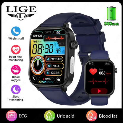 LIGE 2025 New AI Healthy Diagnosis Blood Lipid Uric Acid Blood Pressure Smart Watch Men ECG+PPG Bluetooth Call Health Smartwatch