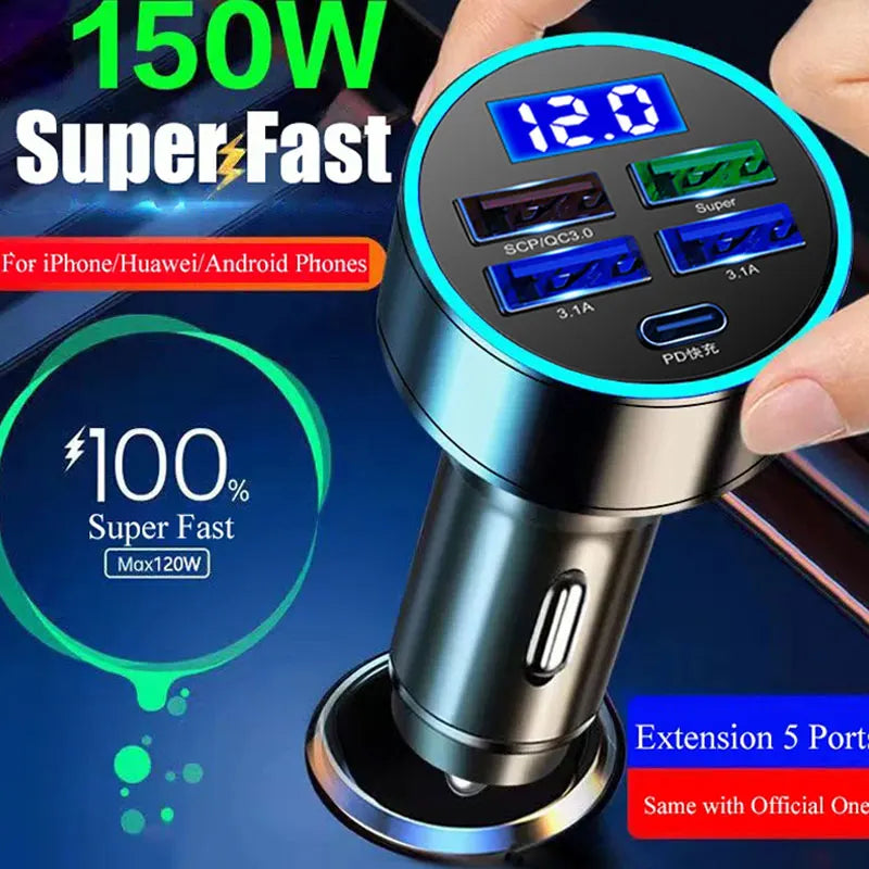 Fast Charging 150W 5 Ports Car Charger PD QC3.0 ryshop