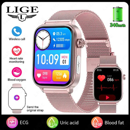 LIGE 2025 New AI Healthy Diagnosis Blood Lipid Uric Acid Blood Pressure Smart Watch Men ECG+PPG Bluetooth Call Health Smartwatch