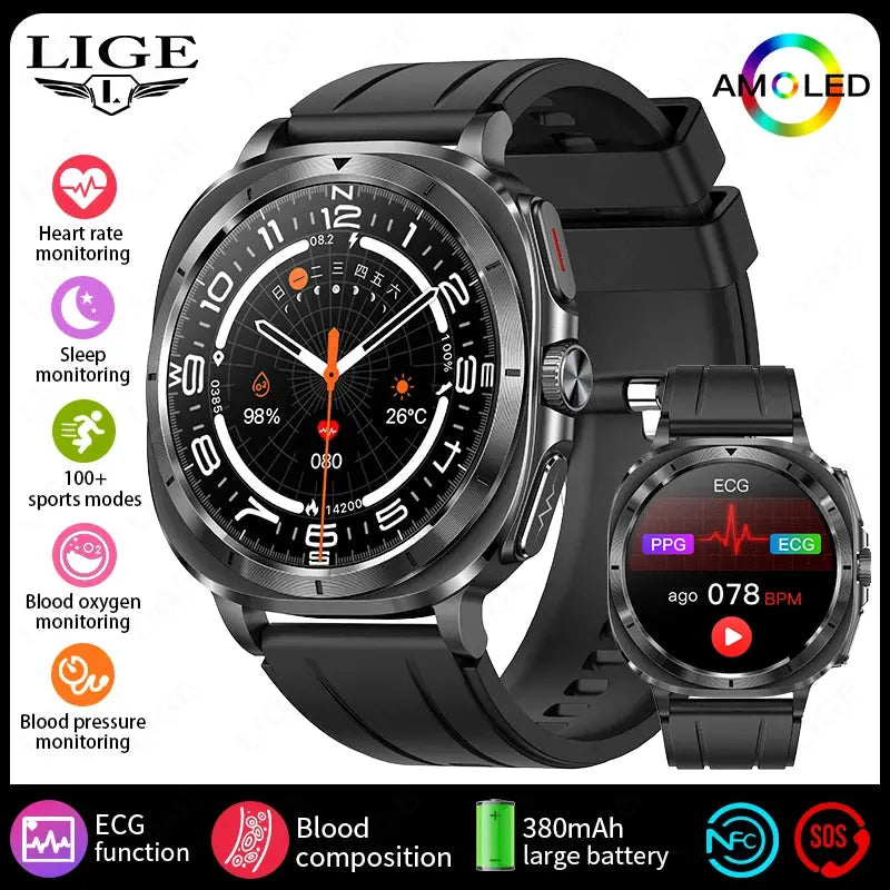 LIGE 2025 New Healthy Blood Fat Uric Acid Smart Watch Men ECG+PPG Micro Physical Examination Body Temperature BT Call Smartwatch