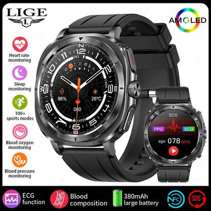 LIGE 2025 New Healthy Blood Fat Uric Acid Smart Watch Men ECG+PPG Micro Physical Examination Body Temperature BT Call Smartwatch