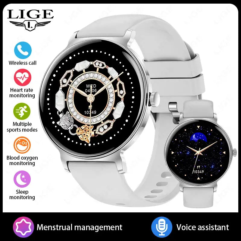 LIGE New 8mm Ultra Slim 1.27" HD Smart Watch Women Heart Rate Female Menstrual Period Health Monitor BT Call Fashion Smartwatch