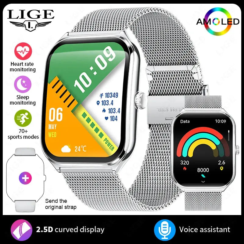 LIGE For HUAWEI Ultra-Thin Smart Watch 1.96" AMOLED Curved Screen Bluetooth Call Heart Rate Blood Pressure Men Women Smartwatch