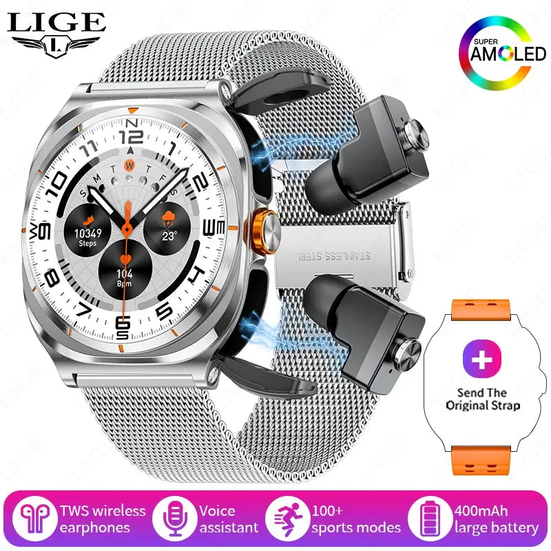 LIGE Headset Smart Watch 2 In 1 TWS Wireless Headphone BT Call Music Smartwatch Health Monitoring 400mAh Waterproof Sports Watch