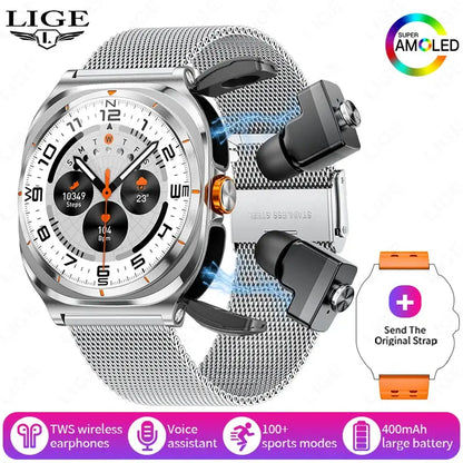 LIGE Headset Smart Watch 2 In 1 TWS Wireless Headphone BT Call Music Smartwatch Health Monitoring 400mAh Waterproof Sports Watch