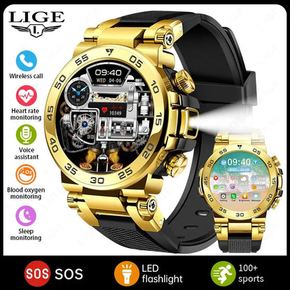 LIGE 1.53" HD Men Smart Watch With LED Flashlight Outdoor Sports IP68 Waterproof Fitness Tracker Bluetooth Call Smartwatch Man