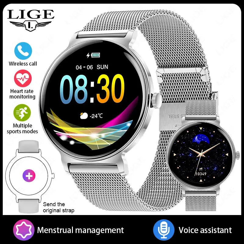 LIGE New 8mm Ultra Slim 1.27" HD Smart Watch Women Heart Rate Female Menstrual Period Health Monitor BT Call Fashion Smartwatch