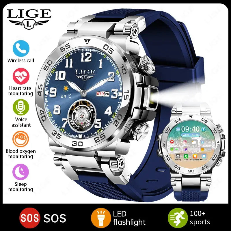 LIGE 1.53" HD Men Smart Watch With LED Flashlight Outdoor Sports IP68 Waterproof Fitness Tracker Bluetooth Call Smartwatch Man