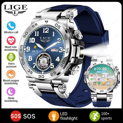 LIGE 1.53" HD Men Smart Watch With LED Flashlight Outdoor Sports IP68 Waterproof Fitness Tracker Bluetooth Call Smartwatch Man