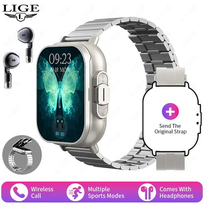 LIGE New 2 In 1 TWS Smart Watch With Earbuds Heart Rate NFC Bluetooth Call Music Play Sports Fitness Earphone Smartwatch Men