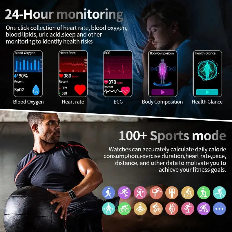 LIGE 2025 New AI Diagnosis Blood Lipids Uric Acid Body Composition Test Smart Watch Men ECG+PPG Bluetooth Call Health Smartwatch