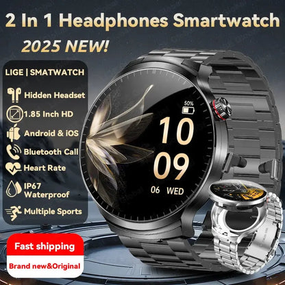 LIGE TWS 2 In 1 Headset Smart Watch 1.85" HD Wireless Bluetooth Calling Health Monitor Sports Fitness Watches With Headphones