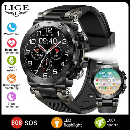 LIGE 1.53" HD Men Smart Watch With LED Flashlight Outdoor Sports IP68 Waterproof Fitness Tracker Bluetooth Call Smartwatch Man