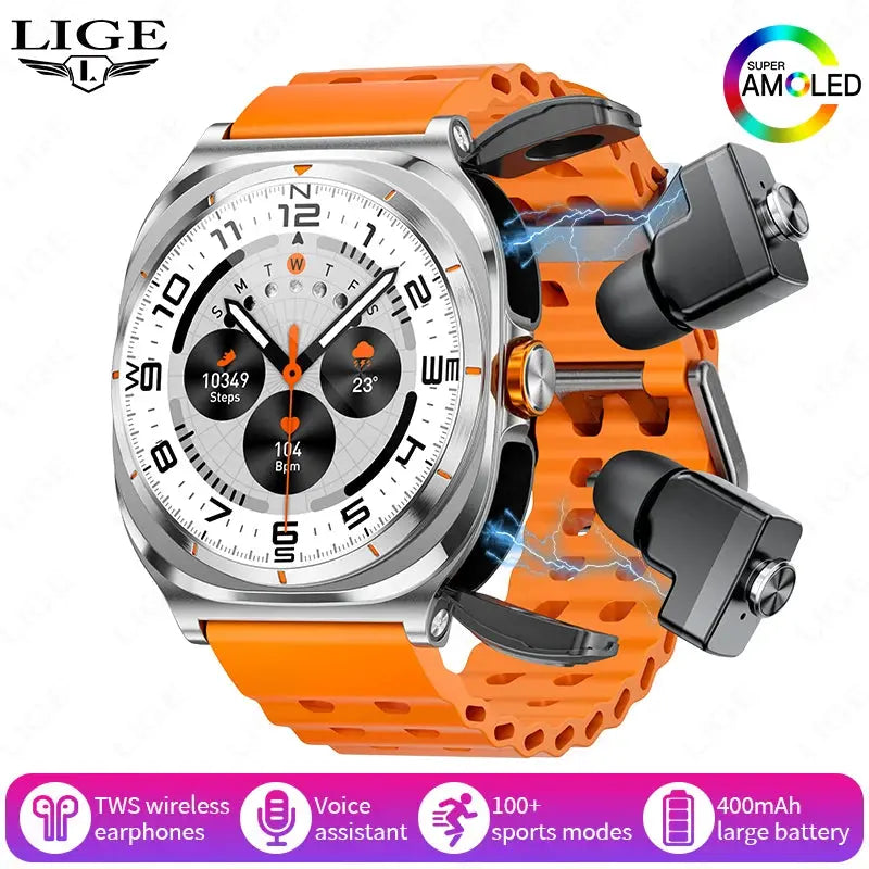 LIGE Headset Smart Watch 2 In 1 TWS Wireless Headphone BT Call Music Smartwatch Health Monitoring 400mAh Waterproof Sports Watch