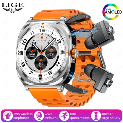 LIGE Headset Smart Watch 2 In 1 TWS Wireless Headphone BT Call Music Smartwatch Health Monitoring 400mAh Waterproof Sports Watch