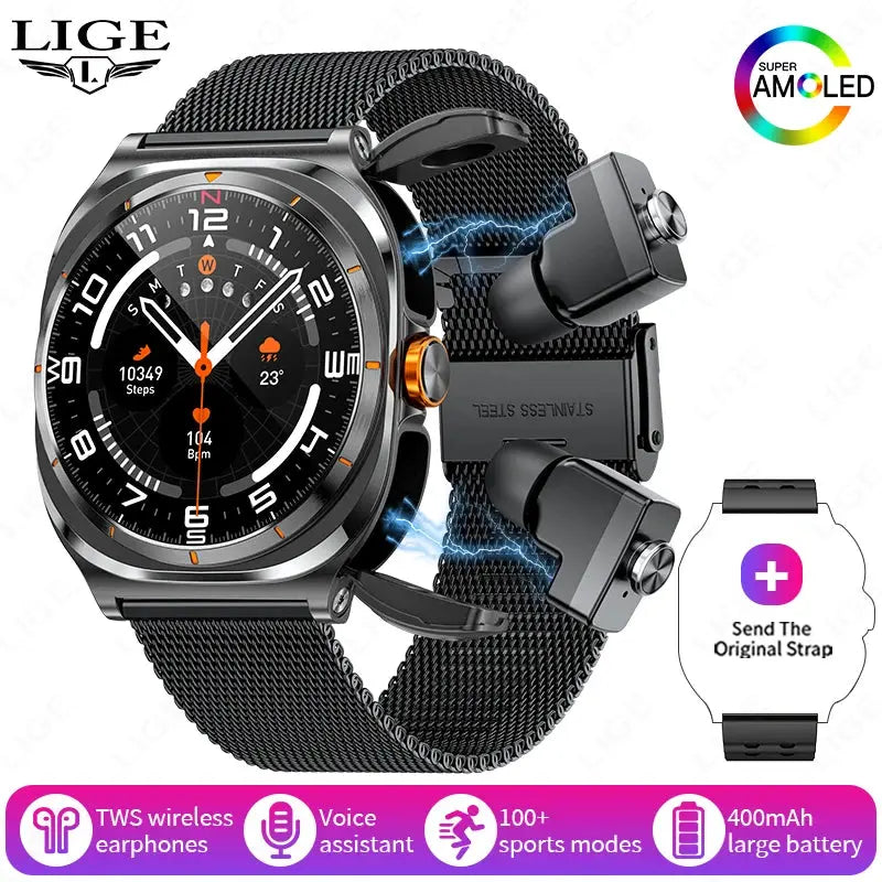 LIGE Headset Smart Watch 2 In 1 TWS Wireless Headphone BT Call Music Smartwatch Health Monitoring 400mAh Waterproof Sports Watch