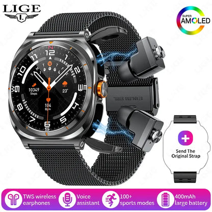 LIGE Headset Smart Watch 2 In 1 TWS Wireless Headphone BT Call Music Smartwatch Health Monitoring 400mAh Waterproof Sports Watch