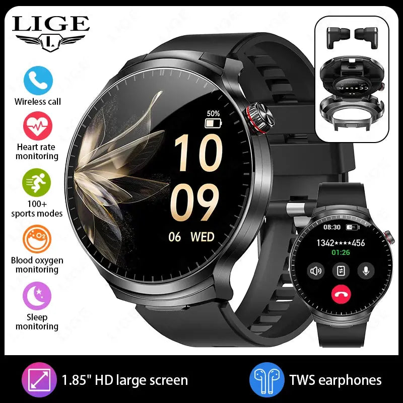 LIGE TWS 2 In 1 Headset Smart Watch 1.85" HD Wireless Bluetooth Calling Health Monitor Sports Fitness Watches With Headphones