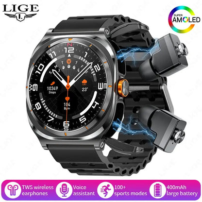 LIGE Headset Smart Watch 2 In 1 TWS Wireless Headphone BT Call Music Smartwatch Health Monitoring 400mAh Waterproof Sports Watch