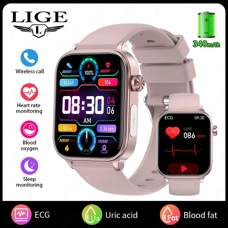 LIGE 2025 New AI Healthy Diagnosis Blood Lipid Uric Acid Blood Pressure Smart Watch Men ECG+PPG Bluetooth Call Health Smartwatch