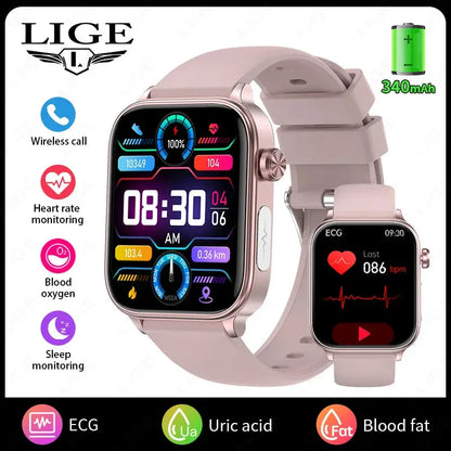 LIGE 2025 New AI Healthy Diagnosis Blood Lipid Uric Acid Blood Pressure Smart Watch Men ECG+PPG Bluetooth Call Health Smartwatch