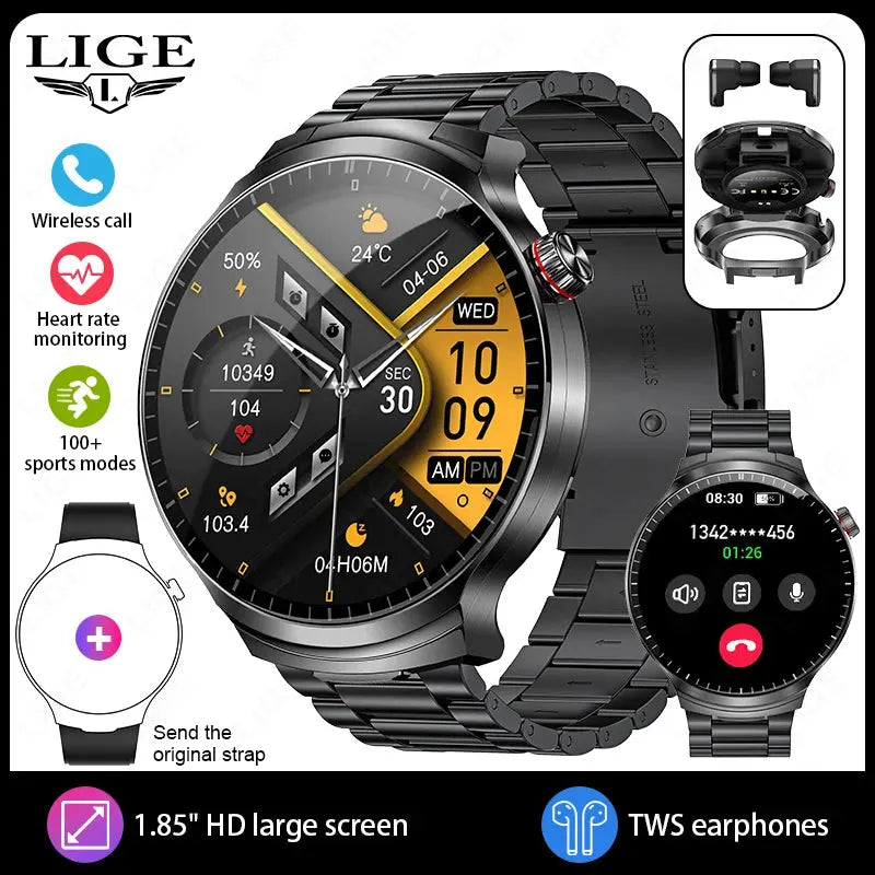 LIGE TWS 2 In 1 Headset Smart Watch 1.85" HD Wireless Bluetooth Calling Health Monitor Sports Fitness Watches With Headphones