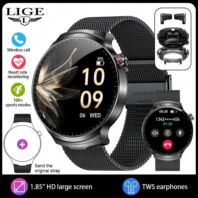 LIGE TWS 2 In 1 Headset Smart Watch 1.85" HD Wireless Bluetooth Calling Health Monitor Sports Fitness Watches With Headphones