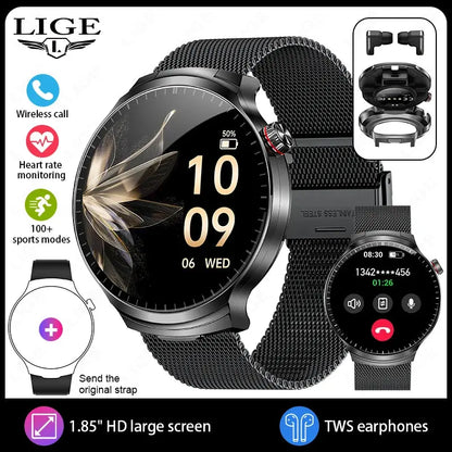 LIGE TWS 2 In 1 Headset Smart Watch 1.85" HD Wireless Bluetooth Calling Health Monitor Sports Fitness Watches With Headphones