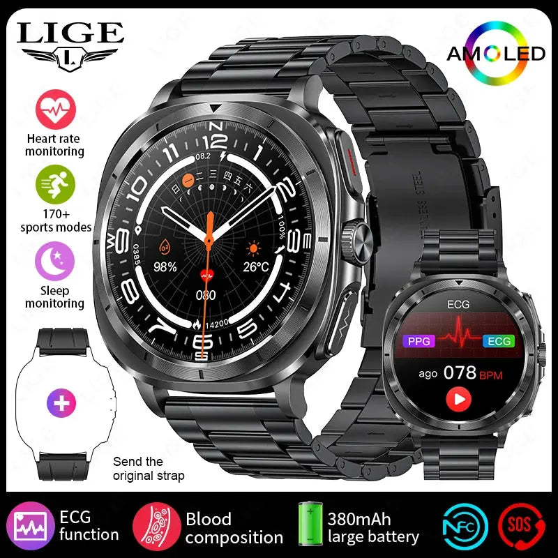 LIGE 2025 New Healthy Blood Fat Uric Acid Smart Watch Men ECG+PPG Micro Physical Examination Body Temperature BT Call Smartwatch