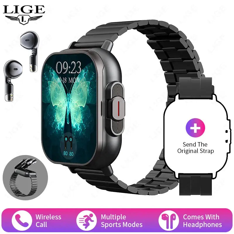 LIGE New 2 In 1 TWS Smart Watch With Earbuds Heart Rate NFC Bluetooth Call Music Play Sports Fitness Earphone Smartwatch Men