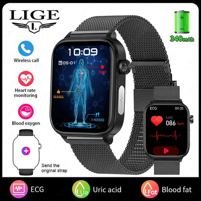 LIGE 2025 New AI Healthy Diagnosis Blood Lipid Uric Acid Blood Pressure Smart Watch Men ECG+PPG Bluetooth Call Health Smartwatch